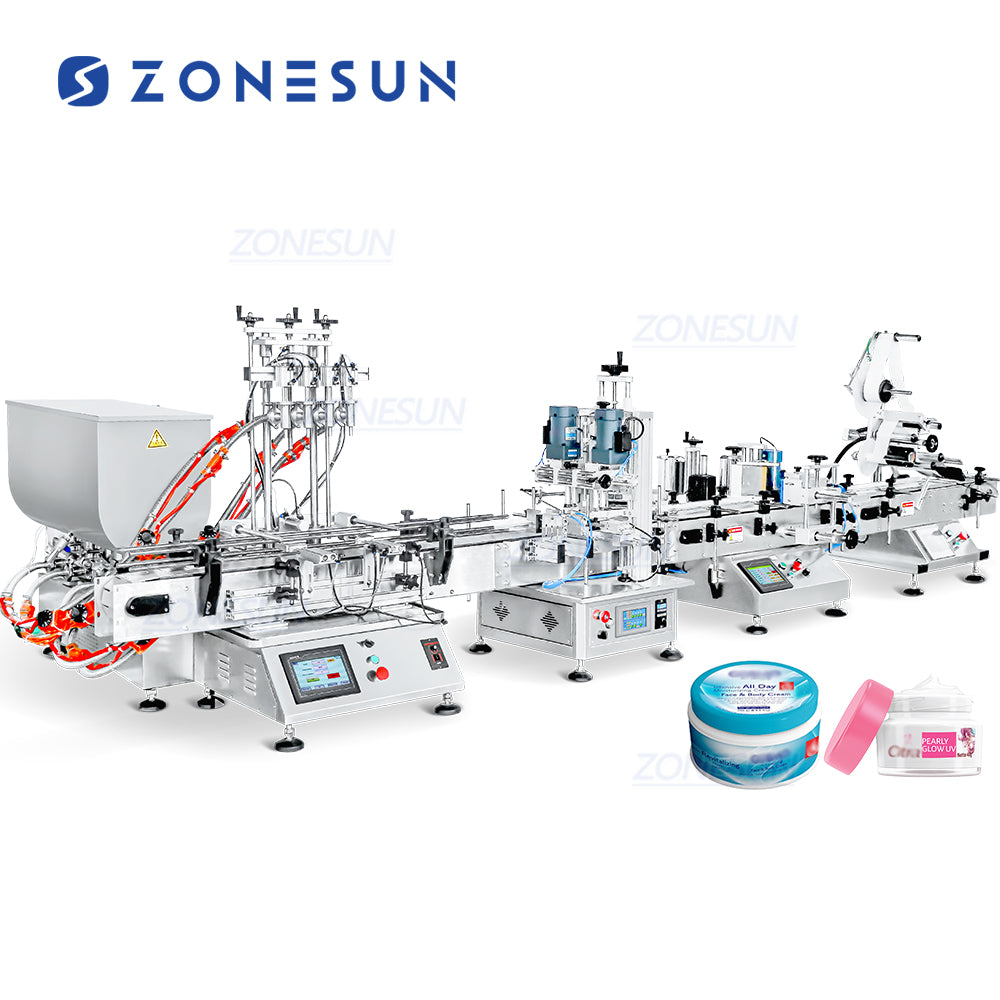 ZONESUN ZS-FAL180D9 탁상 피스톤 펌프 4 헤드 꿀 잼 잼 바셀린 초콜릿 페이스트 병 채우기 캡핑 라벨링 기계 생산 라인