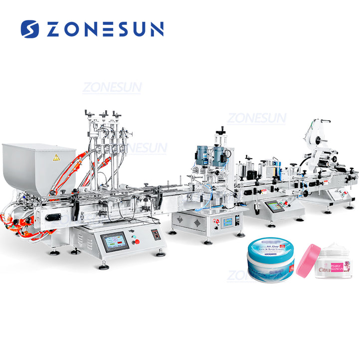 ZONESUN ZS-FAL180D9 Tabletop Piston Pump 4 Heads Honey Jam Vaseline Chocolate Paste Bottle Filling Capping Labeling Machine Production Line