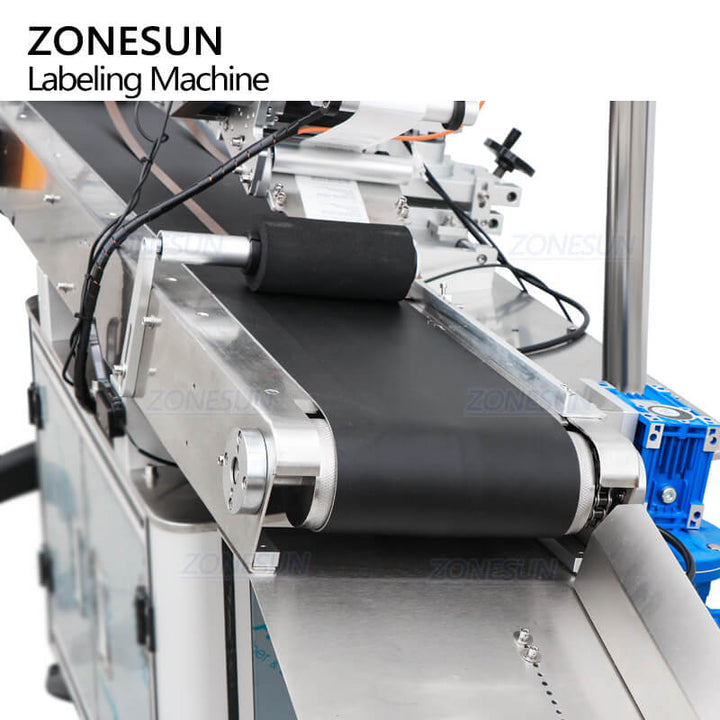 angled conveyor of labeling machine for pouches