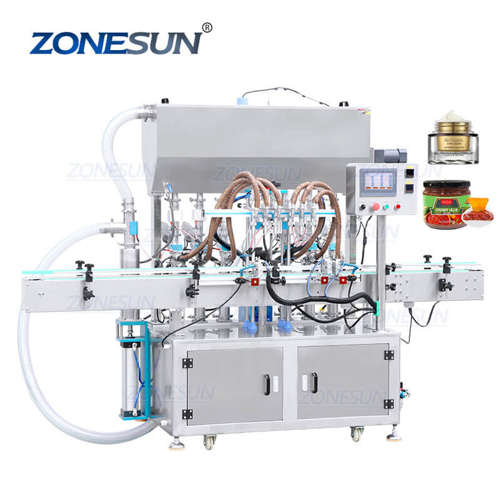 ZS-YT6T-6PXH Automatic Servo Motor 6 Heads Chili Sauce Honey Paste Jam Jar Peanut Butter Bottle Filling Machine With Mixer Heater