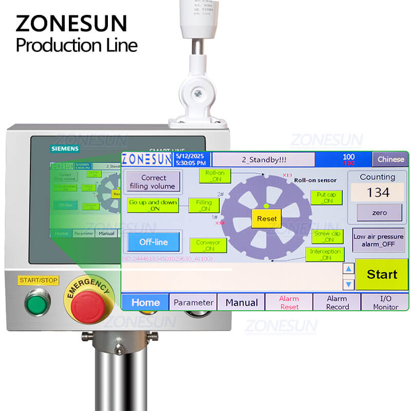 control panel of ZS-AFCL8 automatic filling capping machine for roll-on bottle