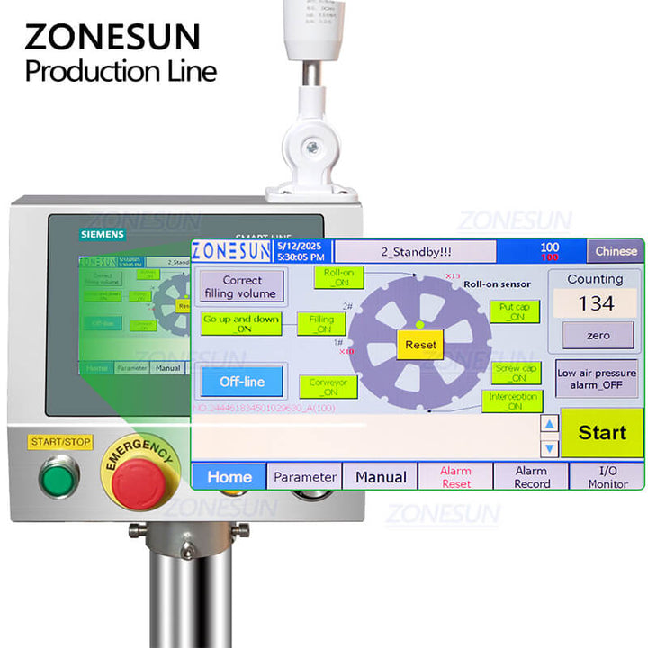 control panel of ZS-AFCL8 automatic filling capping machine for roll-on bottle