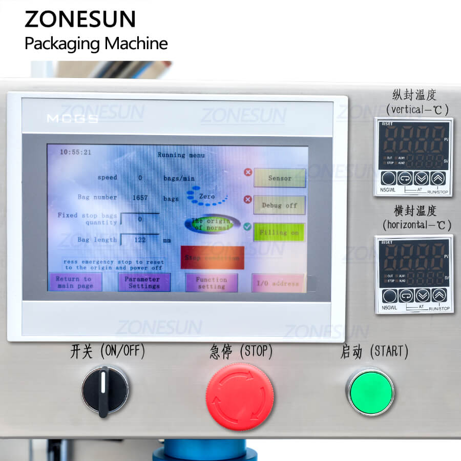 control panel of ZS-FS240L paste pouch packing machine