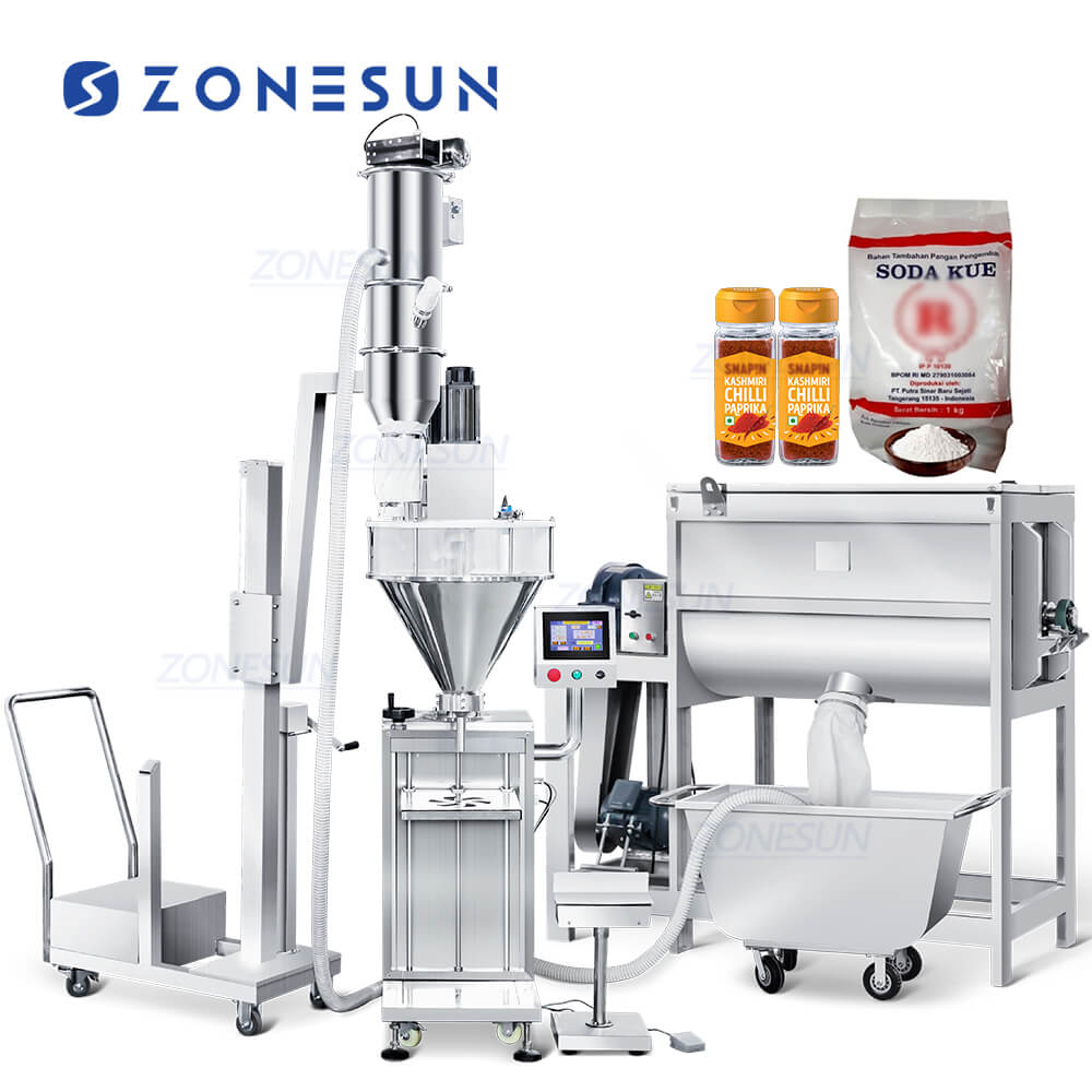 ZONESUN ZS-MB500FP Semi-automatic Auger Dry Protein Powder Mixture Bottle Bag Filling Weighing Machine With Vacuum Pump Powder Blending Mixing Machine