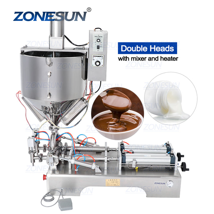 Double heads pneumatic filling machine with mixer and heater