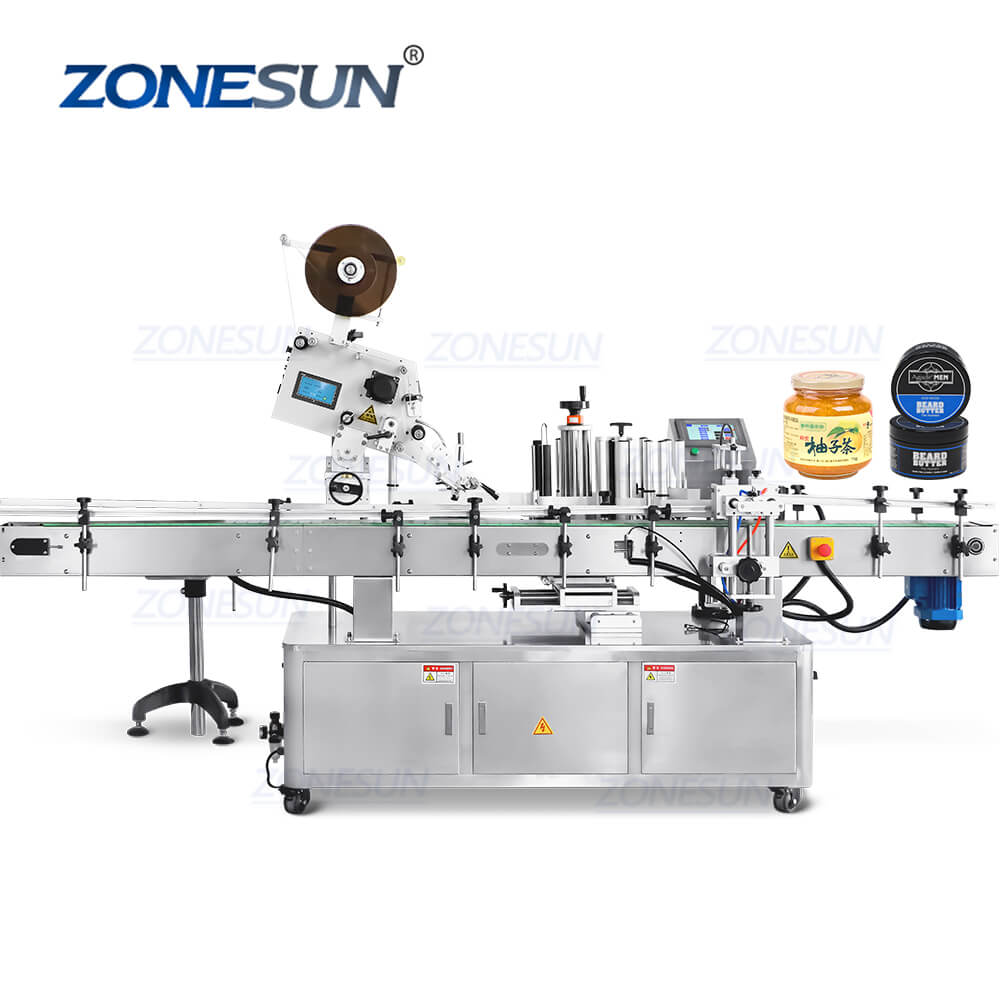 ZS-TB822P Automatic Self-adhesive Stickers Round Plastic Bottle Caps Top Side & Body Side Labeling Machine For Honey Jam