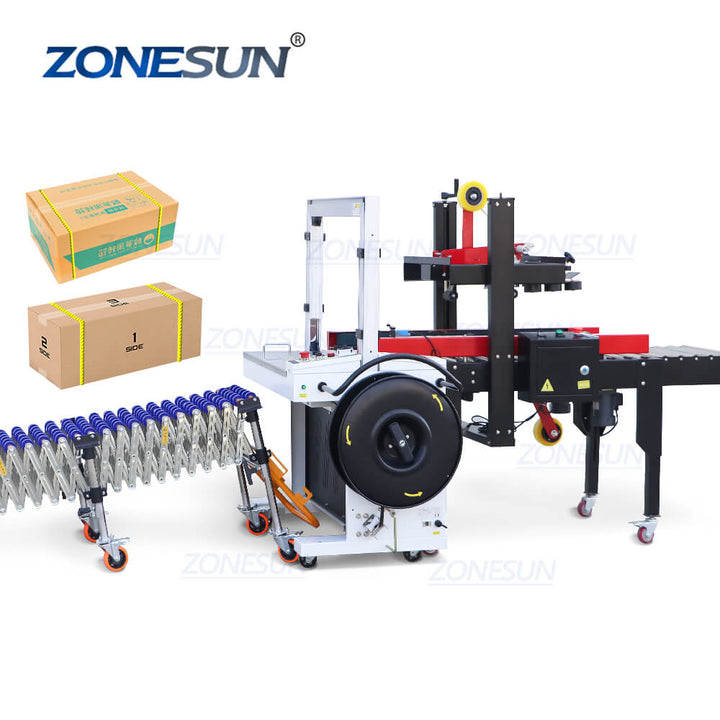 carton sealing strapping machine with skatewheel conveyor