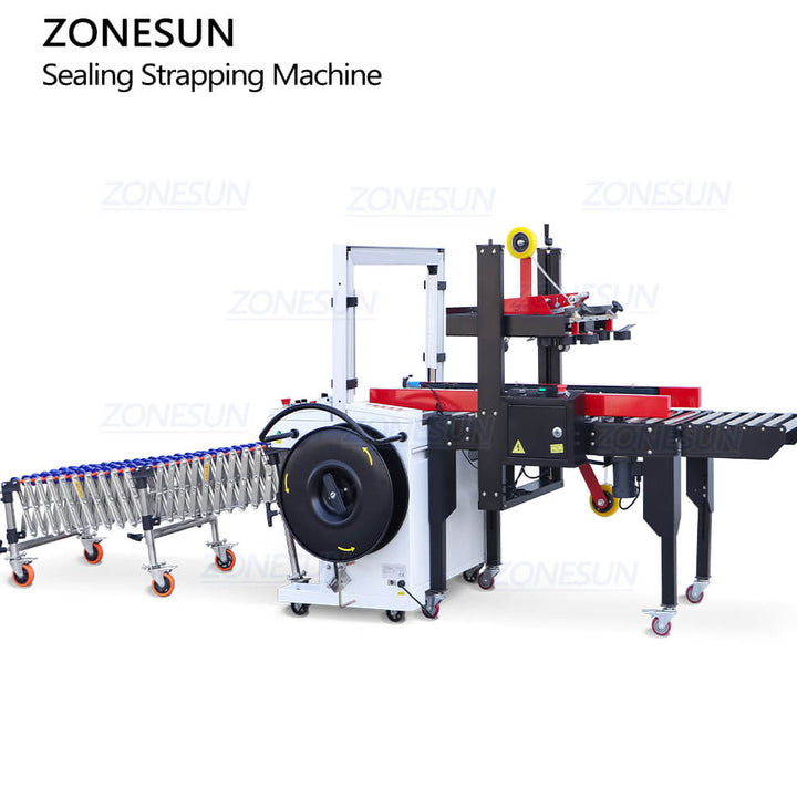carton taping strapping machine with skatewheel conveyor