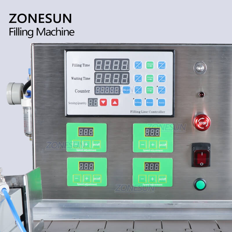 Control panel of 4 heads Automatic Desktop Liquid Filling Machine With Conveyor