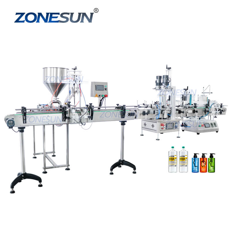ZS-FAL180C8 Automatic Shampoo Lotion Jam Honey Ketchup Curry Paste Bottle Piston Filling Capping Labeling Machine Production Line