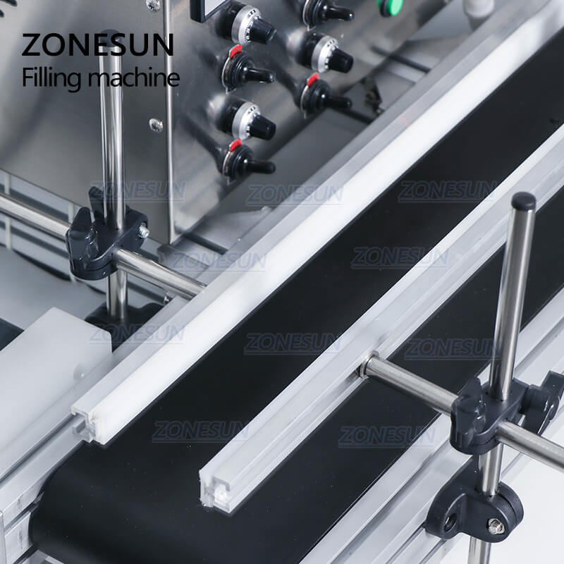 conveyor belt of 4 Nozzles Magnetic Pump Automatic Desktop Liquid Filling Machine